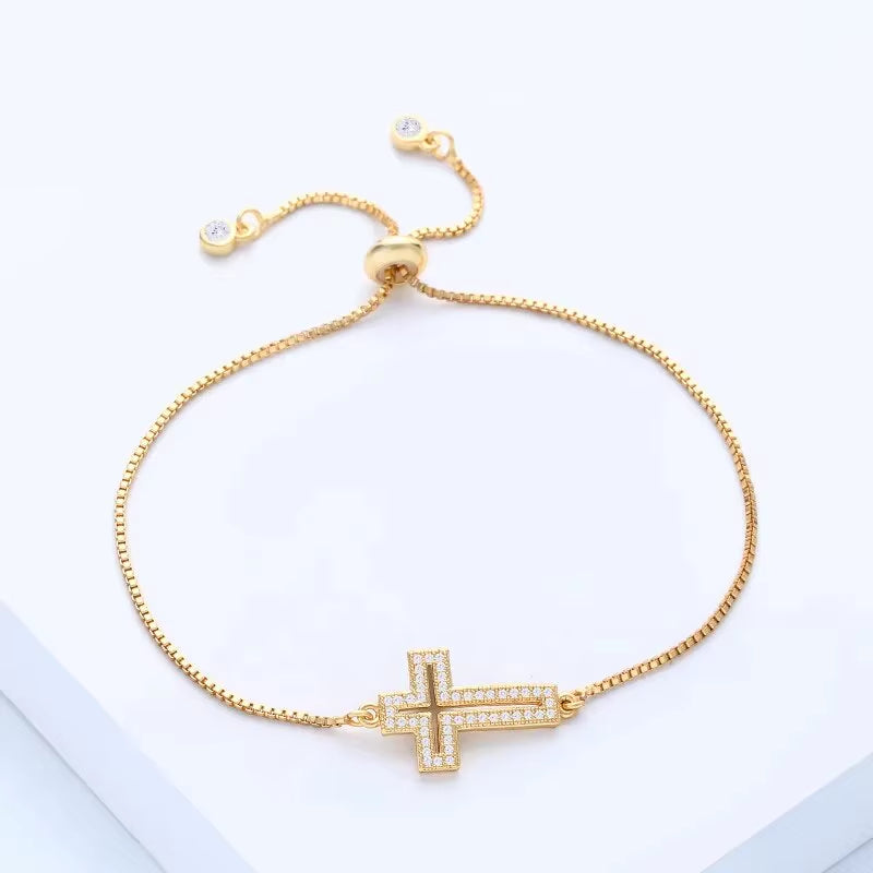 Fashion Copper Zirconia Cross Bracelet Men Women Universal Gold Simple Adjustable Chain Bracelet Party Jewelry