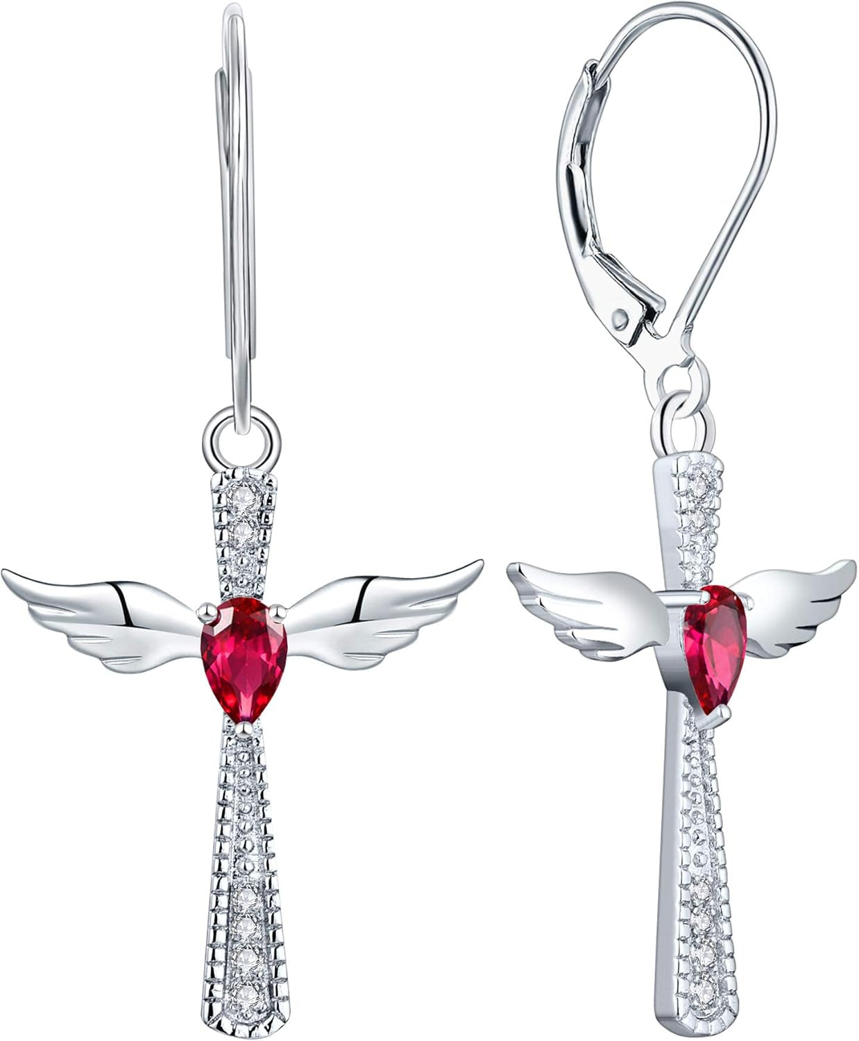 925 Sterling Silver Cross Dangle Drop Earrings Pear Cut Birthstone Angel Wings Leverback Earrings for Women