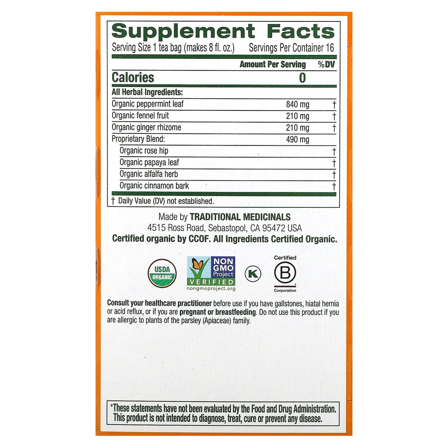 Herbal Tea, Organic Belly Comfort Tea Bags, 16 Count