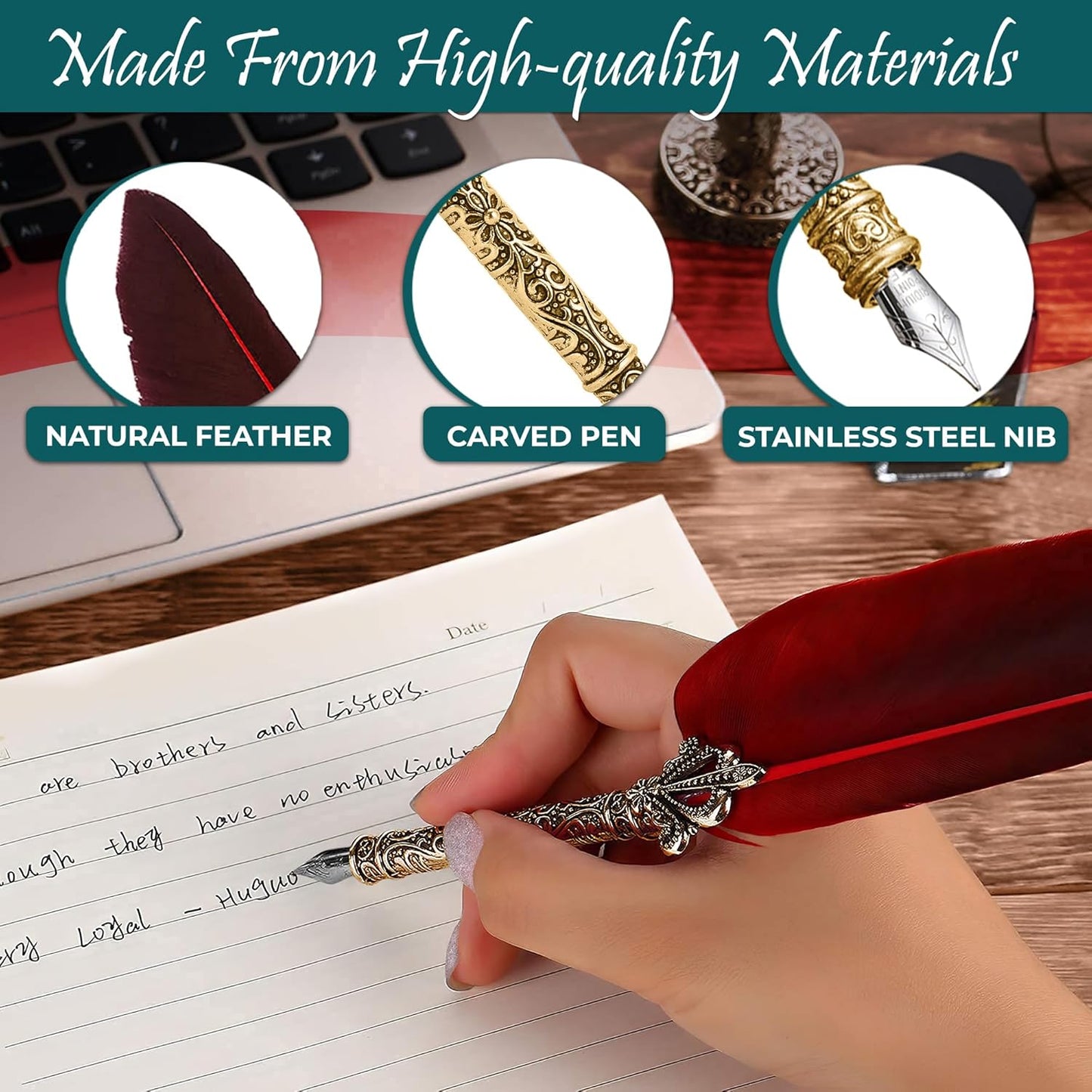 Feather Quill Pen and Ink Set - Calligraphy Dip Pen Antique Feather Pen Set