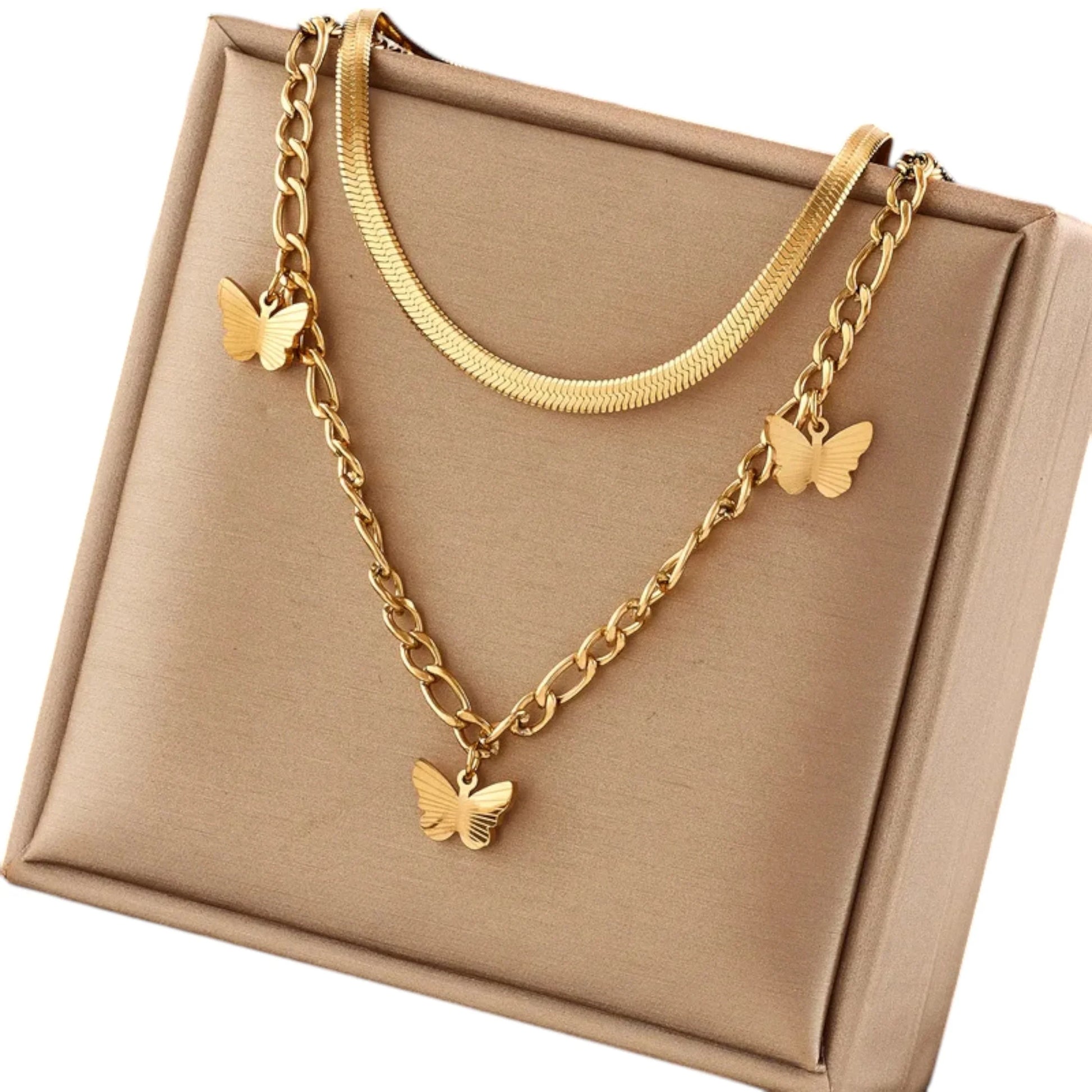 JEWELRY 18K Yellow Gold-Plated Layered Necklace for Women – Link Chain with 3 Butterfly Charms & Snake Chain, 16", Tarnish-Resistant