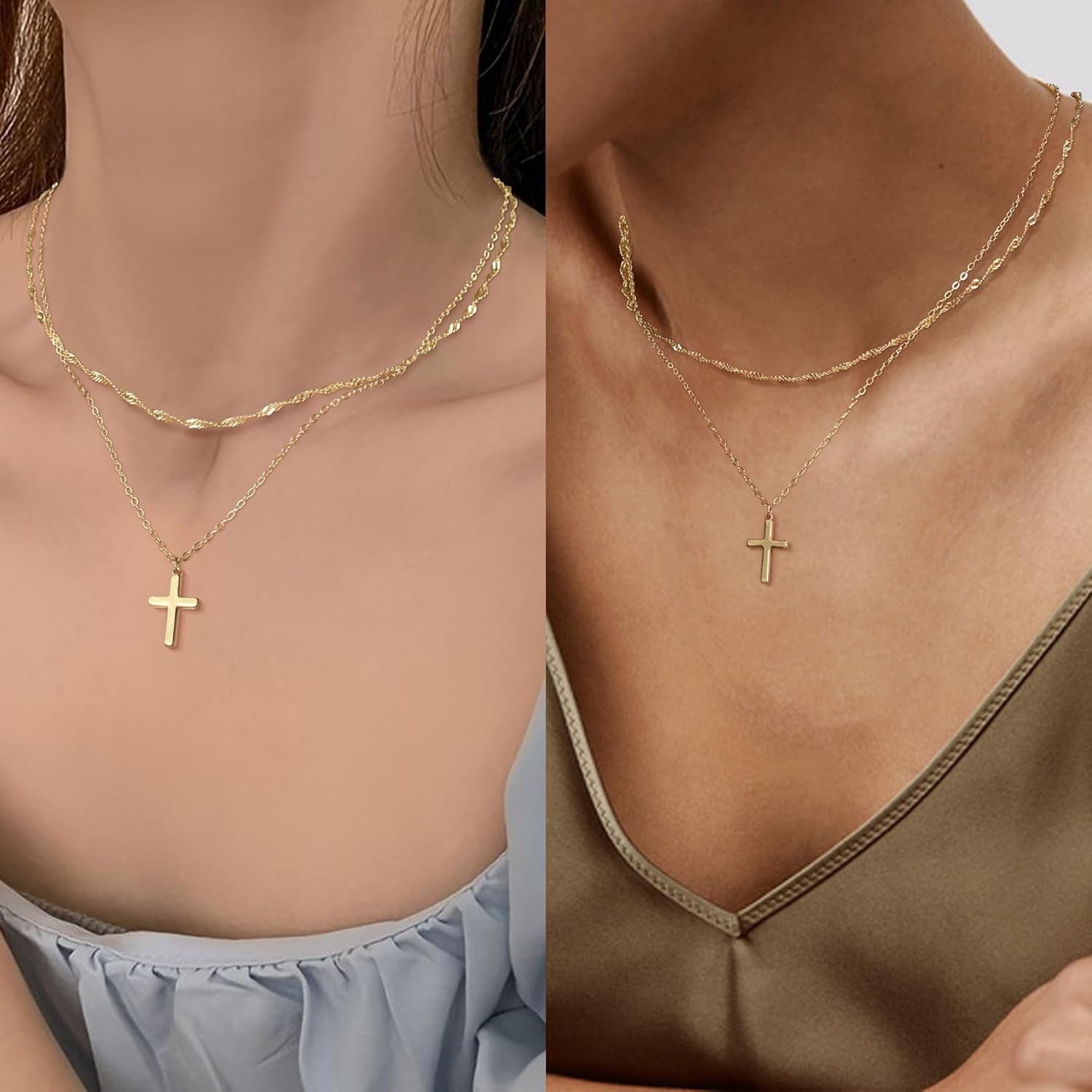 Layered Cross Necklace for Women,14K Gold Plated/Sterlin