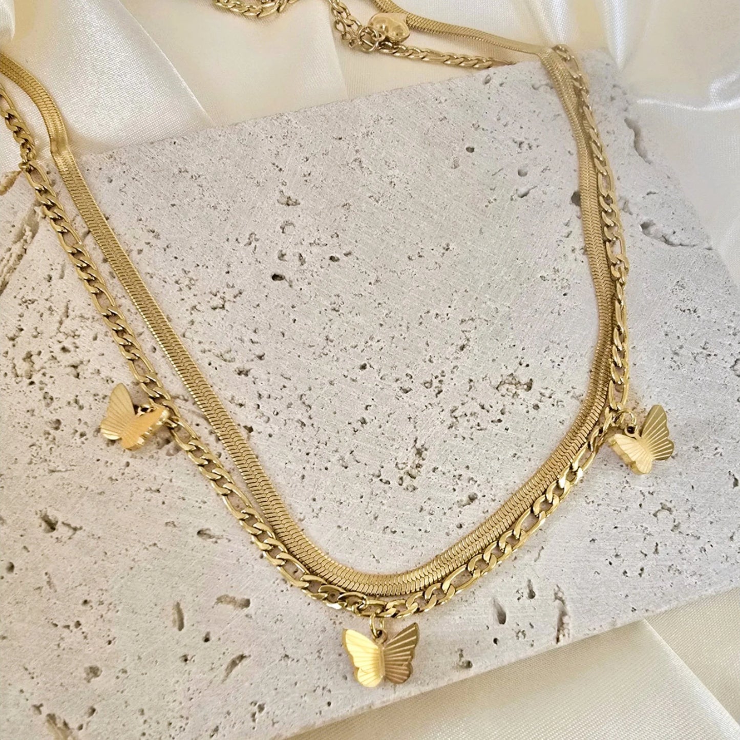 JEWELRY 18K Yellow Gold-Plated Layered Necklace for Women – Link Chain with 3 Butterfly Charms & Snake Chain, 16", Tarnish-Resistant