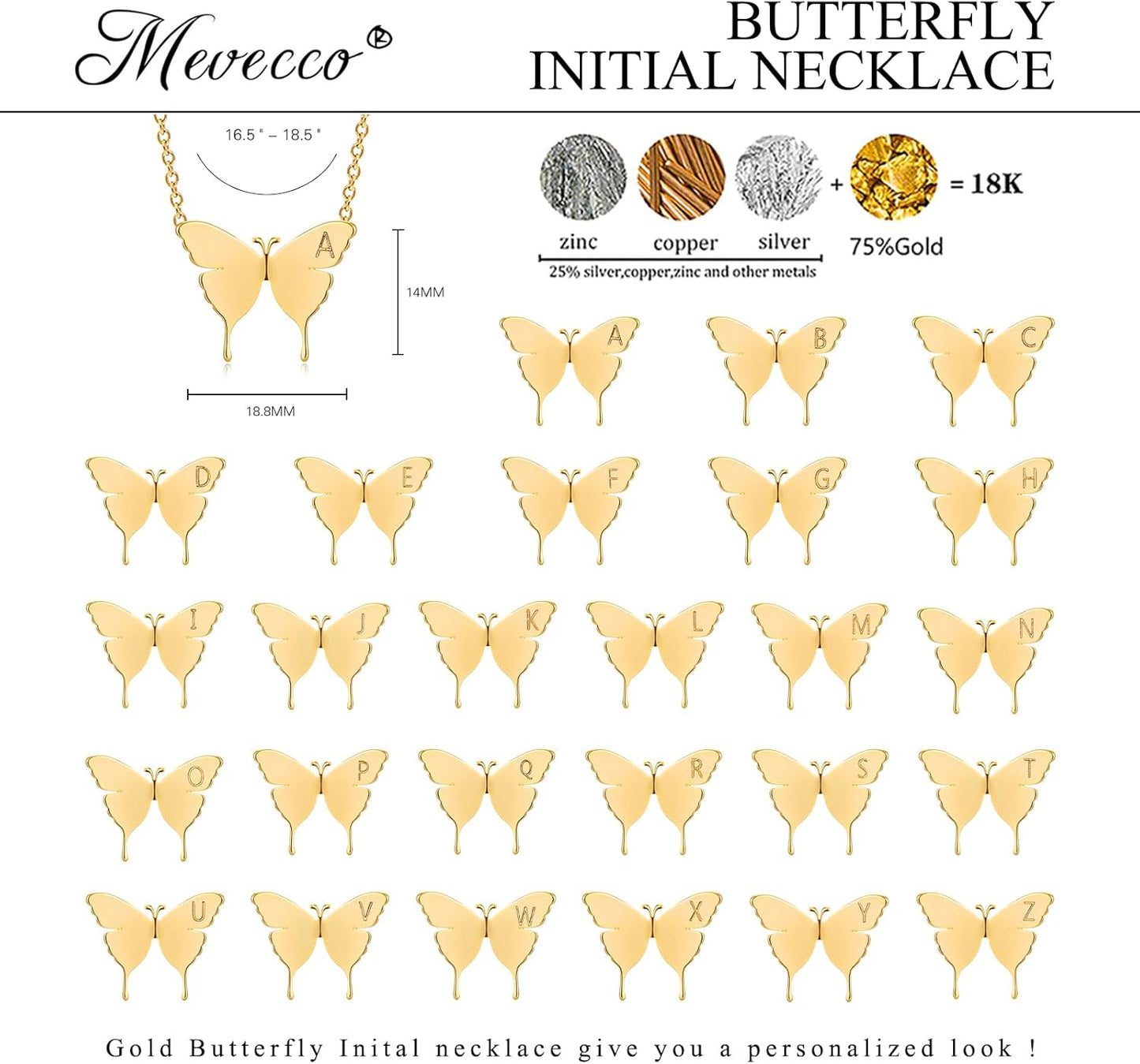 Gold Dainty Initial Necklace 18K Gold Plated Butterfly Pendant Name Necklaces Delicate Everyday Necklace for Women Minimalist Personalized Jewelry