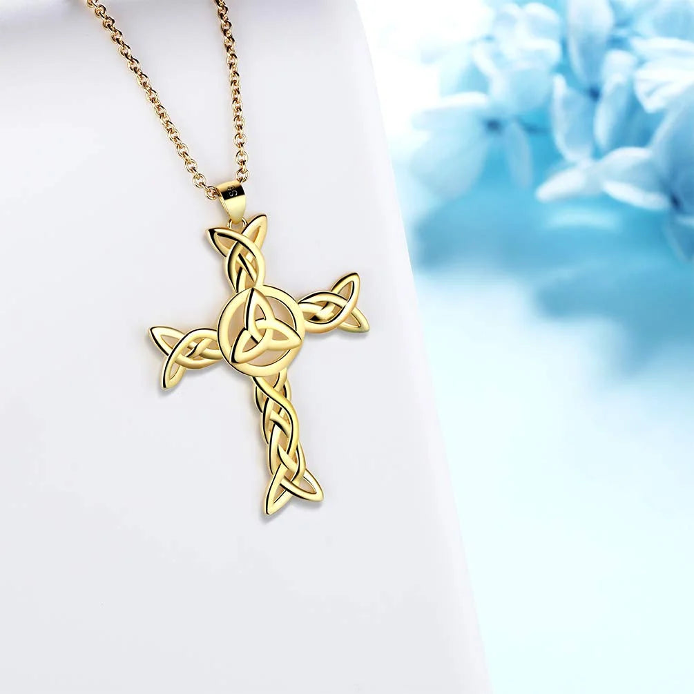 925 Sterling Silver 18K Gold Plated Celtic Cross Necklace for Women Men Trinity Triquetra Knot Pendant Necklace Irish Religious Jewelry Fathers Day Gift