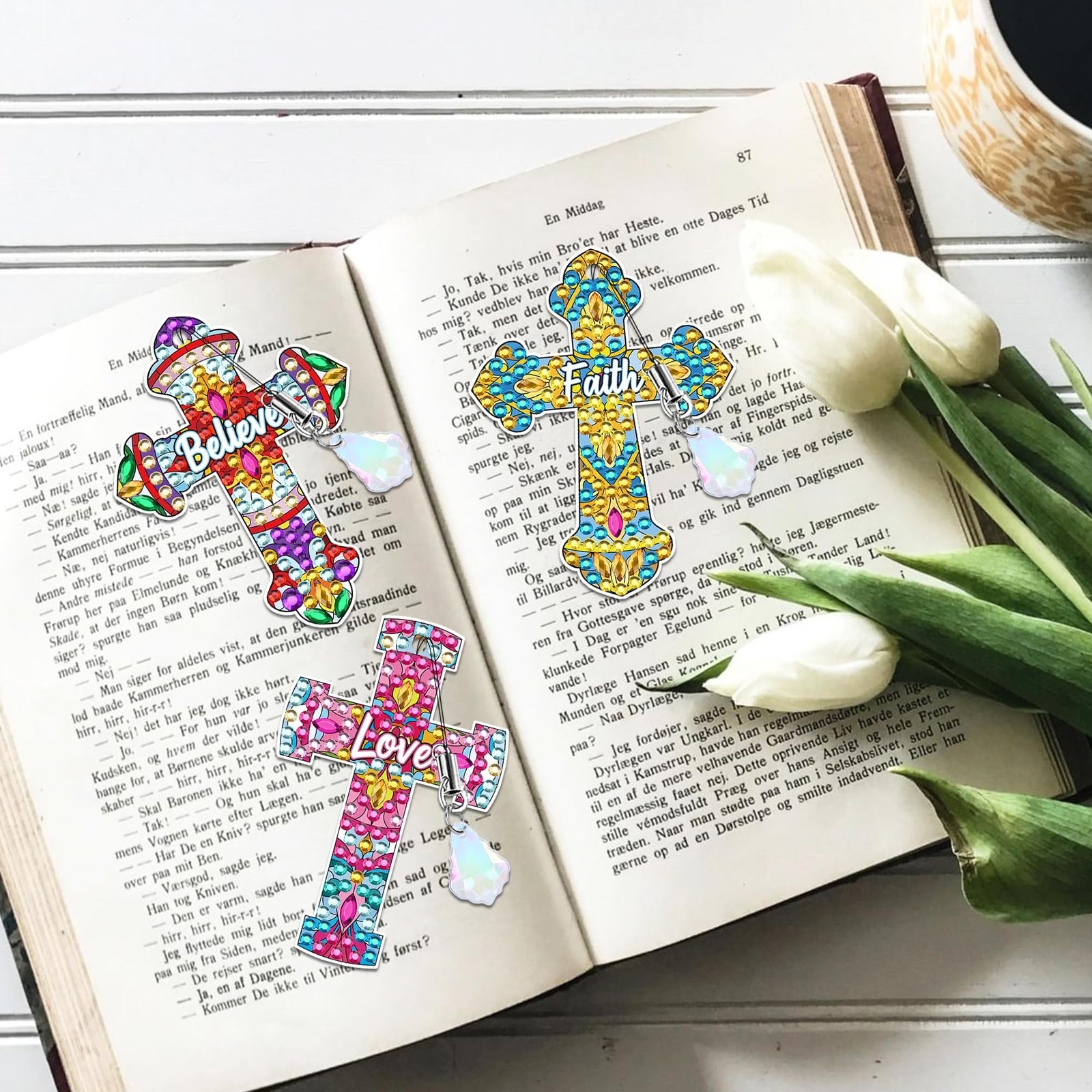 Cross Diamond Art Bookmark Kit: 8 Pcs Christian Bookmarks with Pendant