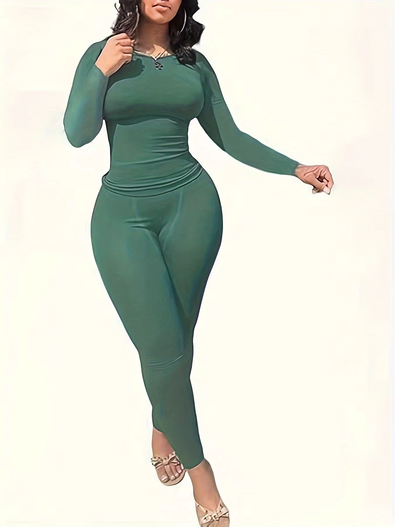 2Pcs Solid Color Yoga Workout Set Long Sleeve round Neck Top & High Stretch Running Sports Leggings Suit Women'S Activewear