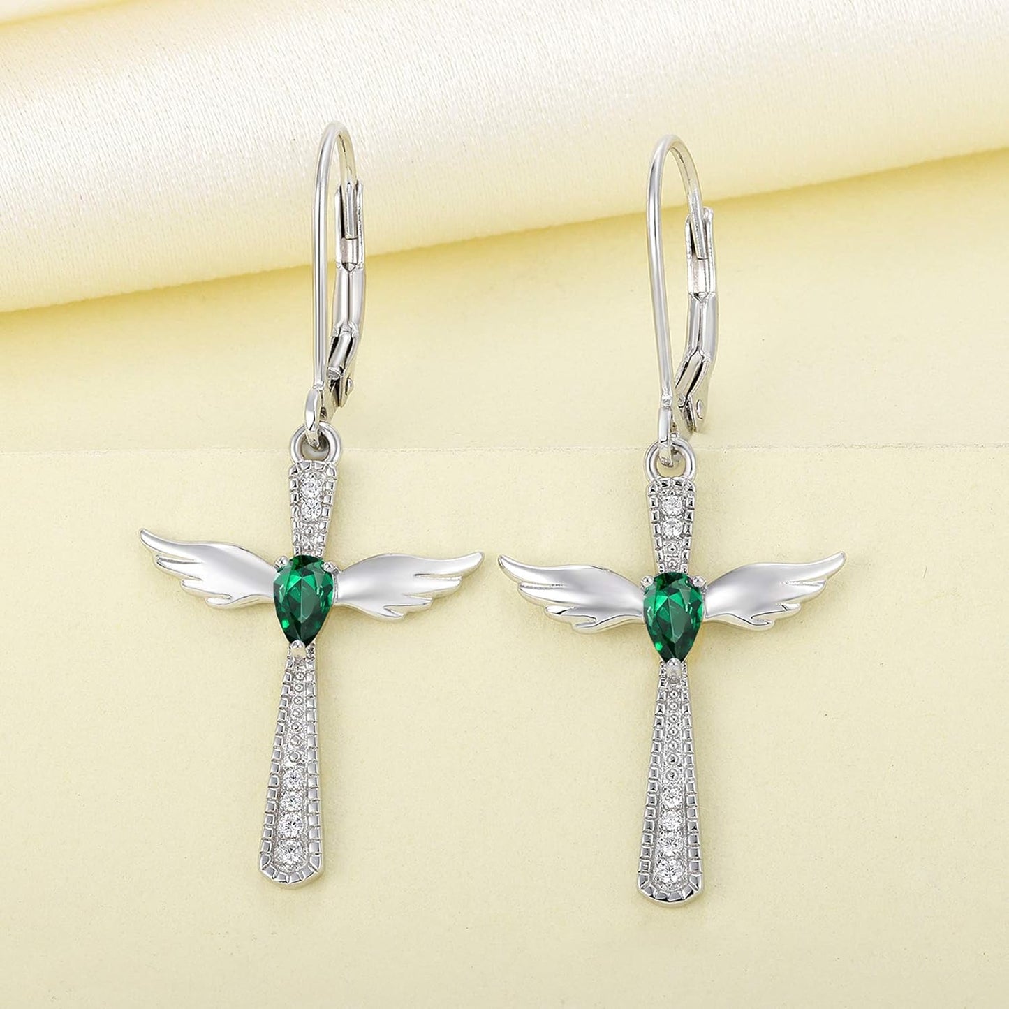 925 Sterling Silver Cross Dangle Drop Earrings Pear Cut Birthstone Angel Wings Leverback Earrings for Women