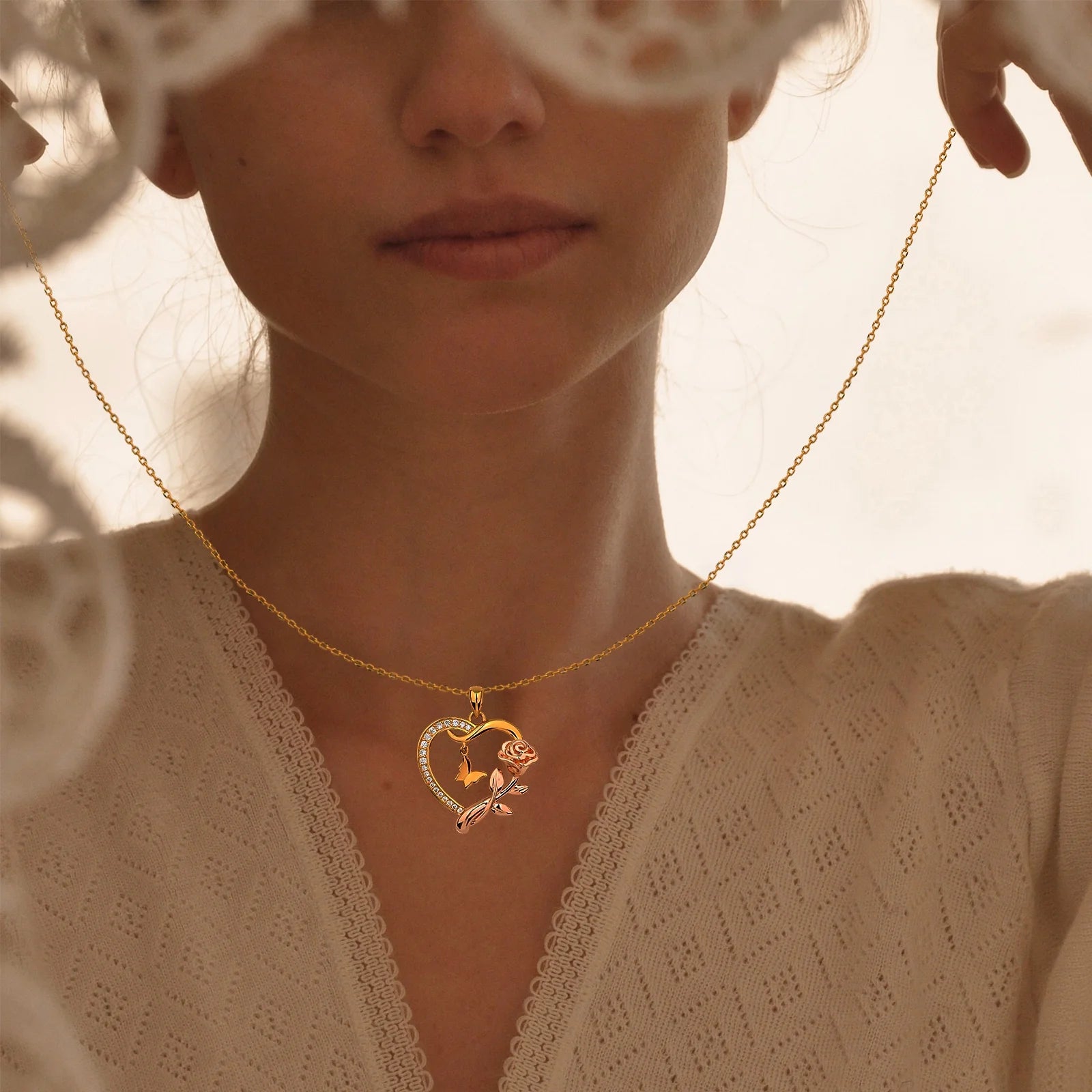 Heart Necklace for Women 14K Gold Plated CZ Romantic Rose and Butterfly Jewelry Gift for Women Birthday Valentine'S Day