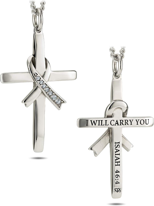 Women'S Stainless Cross with Crystal Ribbon Necklace Isaiah 46:4 Christian Jewelry