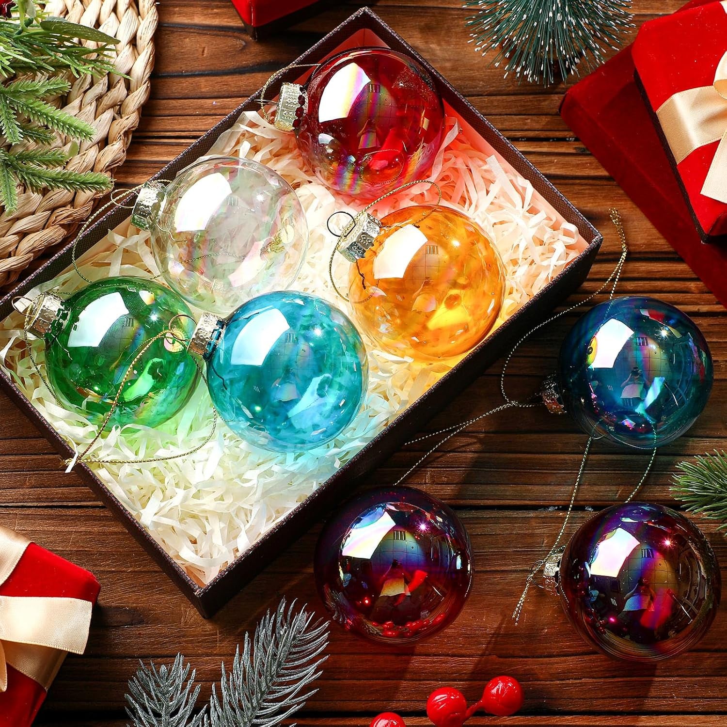 12 Pcs Iridescent Glass Christmas Ornaments 2.36 Inch for Holiday Decor