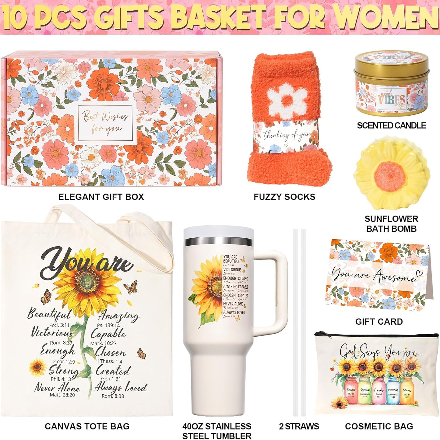 Christian Gifts for Women Faith, Religious Catholic Christmas Gifts for Women Mom Grandma Sister Coworker Inspirational Spiritual Sunflower Gift Birthday Gift for Woman with Makeup Bag 40 OZ Tumbler