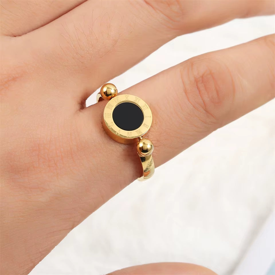 Rotated Fashion Titanium Stainless Steel Roman Numeral Ring for Women Men Black and White Color Shell Finger Jewelry