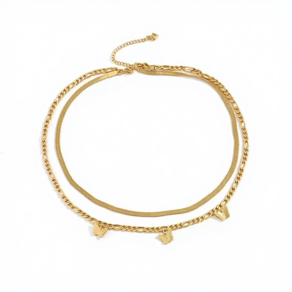 JEWELRY 18K Yellow Gold-Plated Layered Necklace for Women – Link Chain with 3 Butterfly Charms & Snake Chain, 16", Tarnish-Resistant