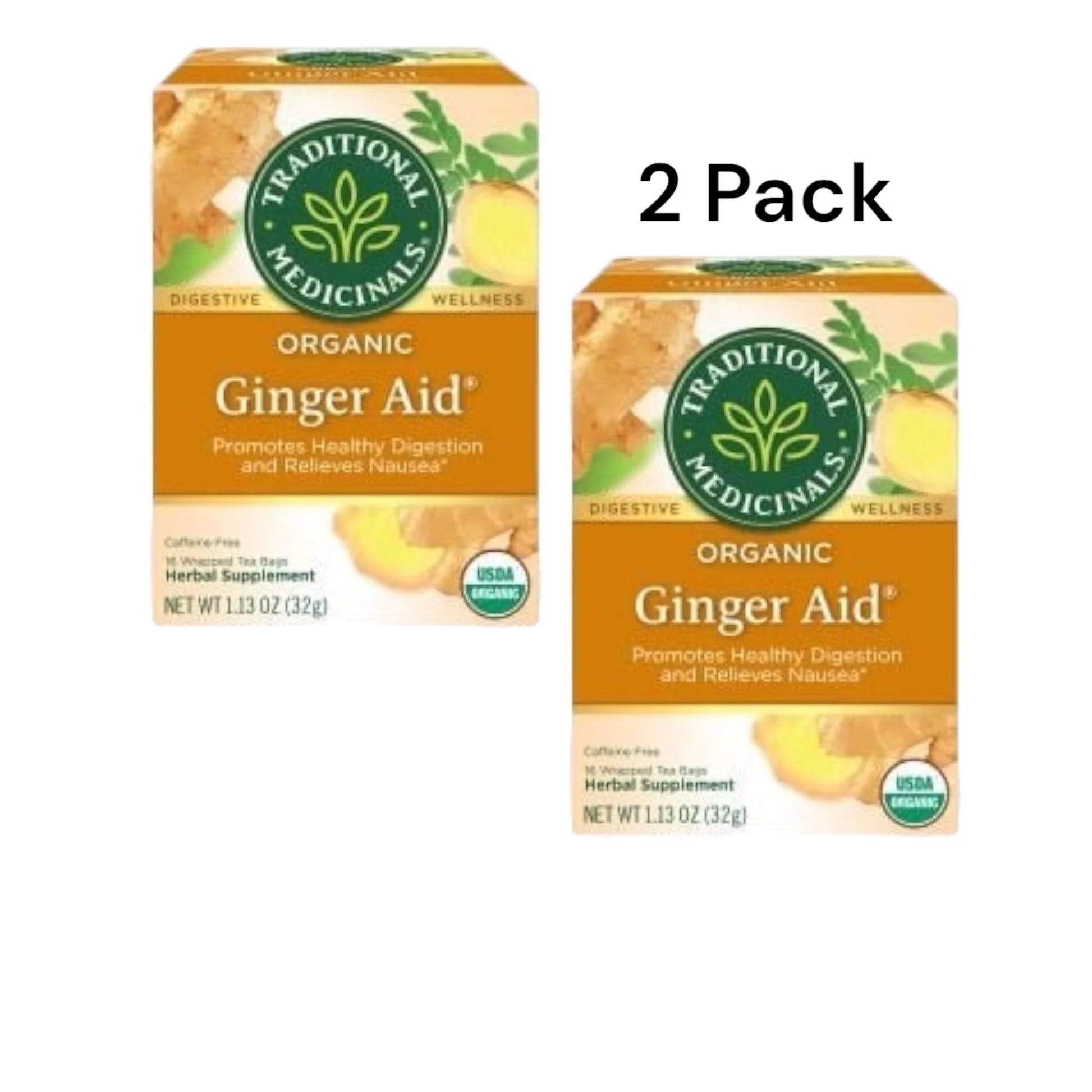 ( 2 Pack ) Traditional Medicinal Herbal Ginger Aid, Organic Tea Bags, 16 Count