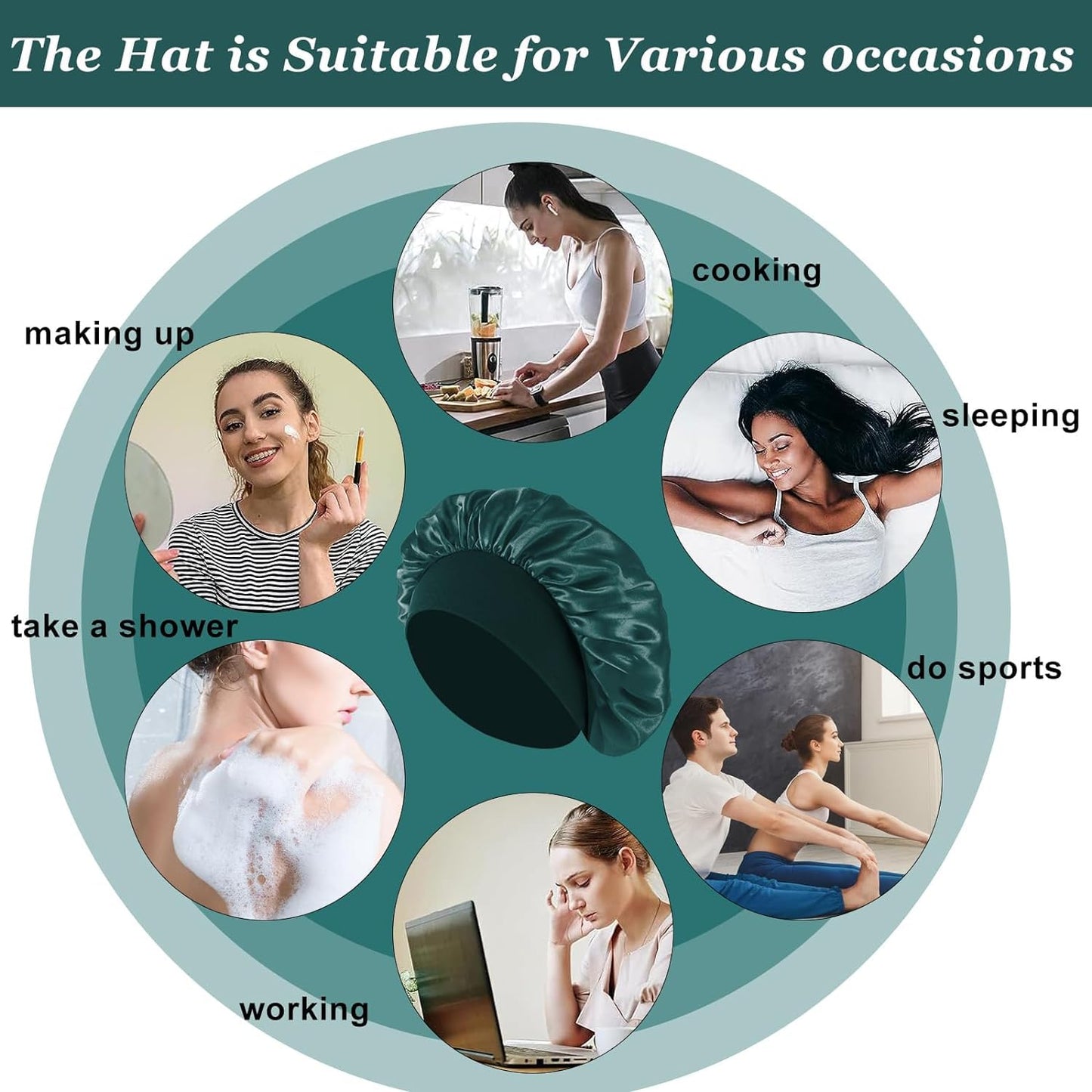 4PCS Silk Satin Bonnets for Black Women & Men - Elastic Wide Band Hair Wrap Cap for Curly Hair - Shower Cap for Sleeping (Black, Peacock Blue, Pink, Khaki)