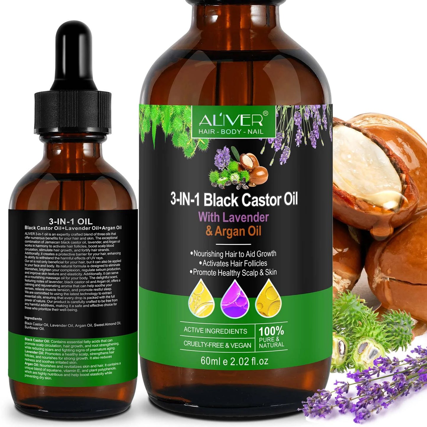 3-IN-1 Black Castor Oil with Lavender & Argan Oil, 100% Pure & Natural, Hair Care & Skin Care, Organic Cold-Pressed, Cruelty-Free & Vegan, 2.02 Fl Oz