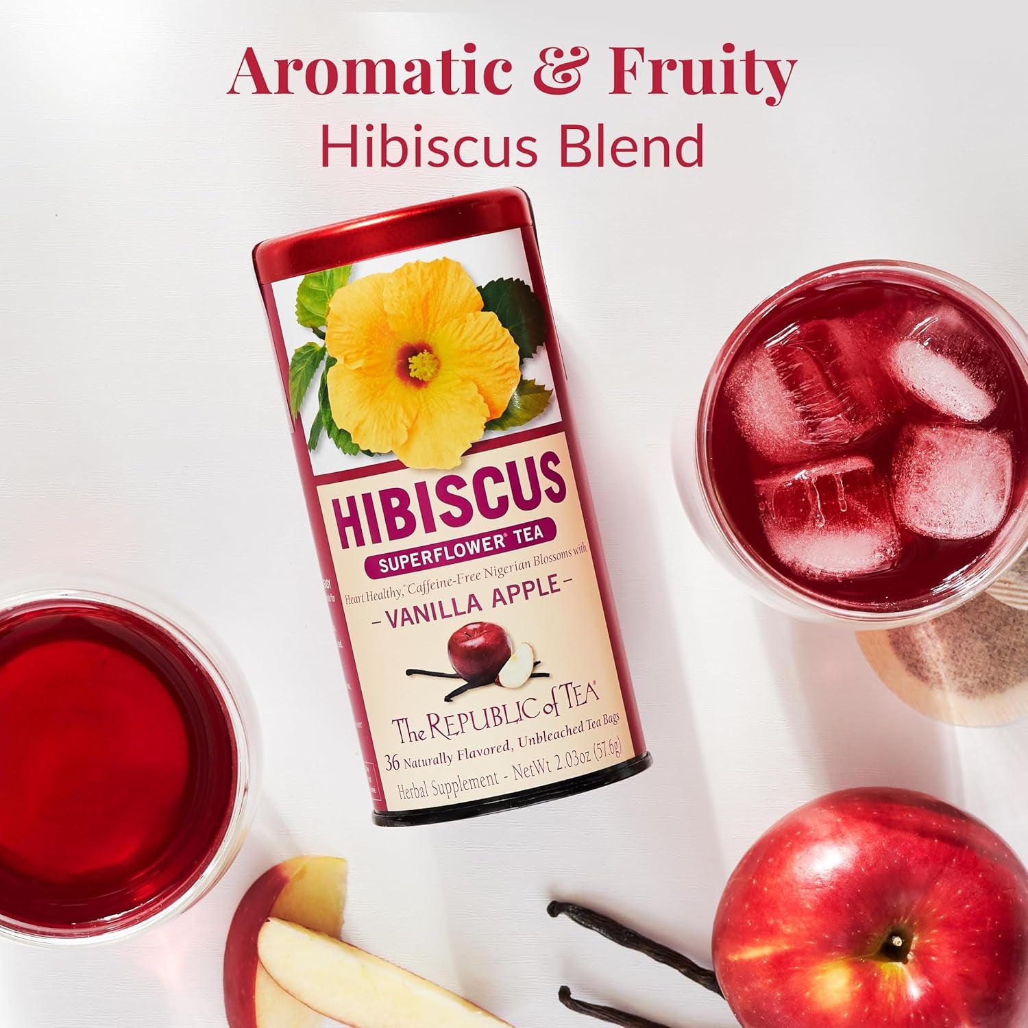 Hibiscus Vanilla Apple Superflower Herbal Tea, 36 Tea Bag Refill