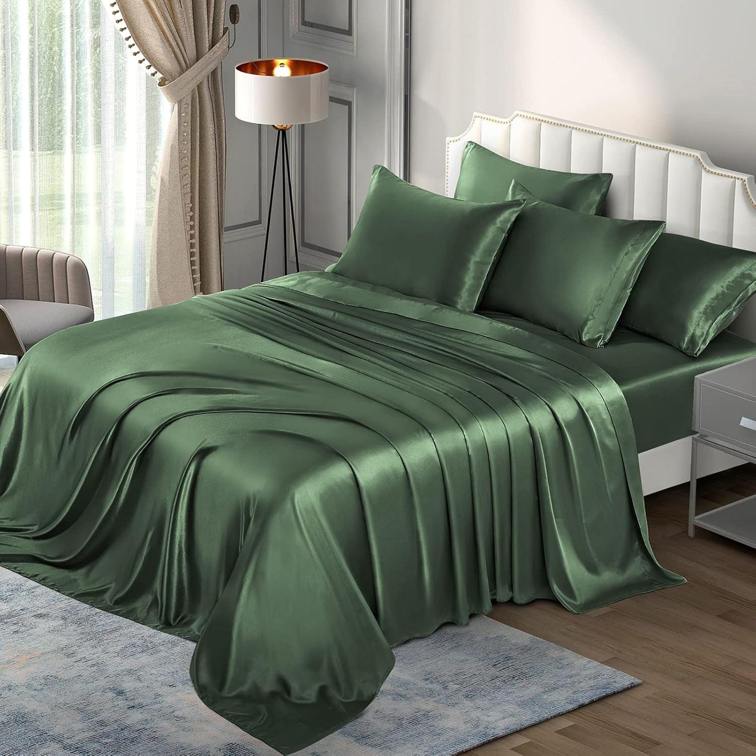 6 Pieces King Satin Sheets Luxury Silky Woodland Green Satin Bedding Sheet Set, 1 Deep Pocket Fitted Sheet + 1 Flat Sheet + 4 Pillow Cases