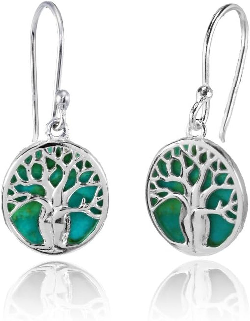 Sterling Silver Abalone or Simulated Turquoise Polished Tree of Life Dangle Earrings