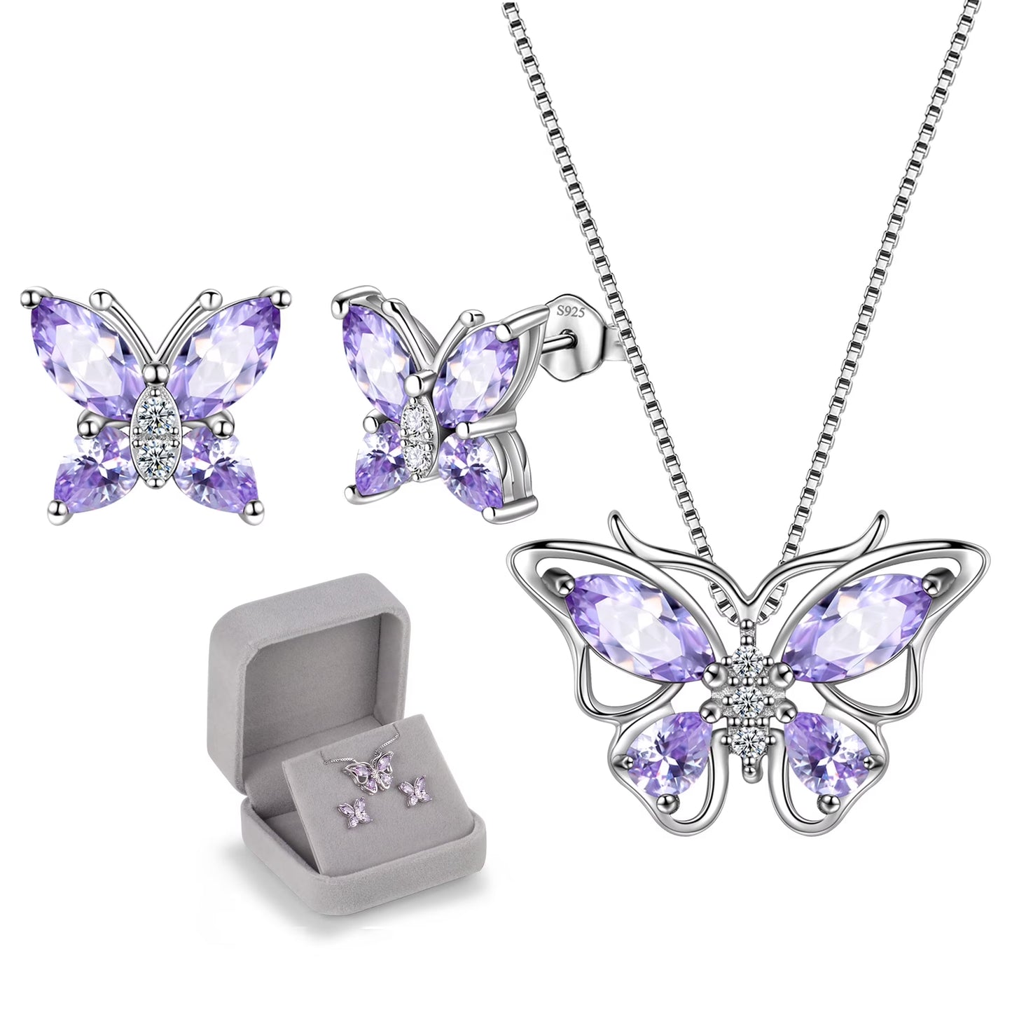 Purple Butterfly Jewelry Alexandrite June Birthstone Jewelry Set Fine Necklace/Earrings Sterling Silver Women Birthday Mother'S Day Xmas Gifts