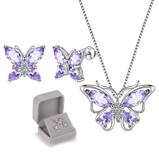 Purple Butterfly Jewelry Alexandrite June Birthstone Jewelry Set Fine Necklace/Earrings Sterling Silver Women Birthday Mother'S Day Xmas Gifts