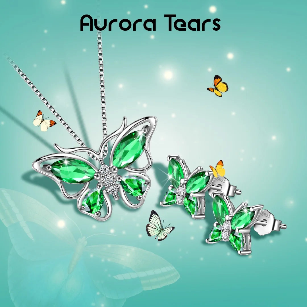 Green Butterfly Jewelry Emerald May Birthstone Jewelry Set Fine Necklace/Earrings 925 Sterling Silver Women Birthday Mother'S Day Gifts