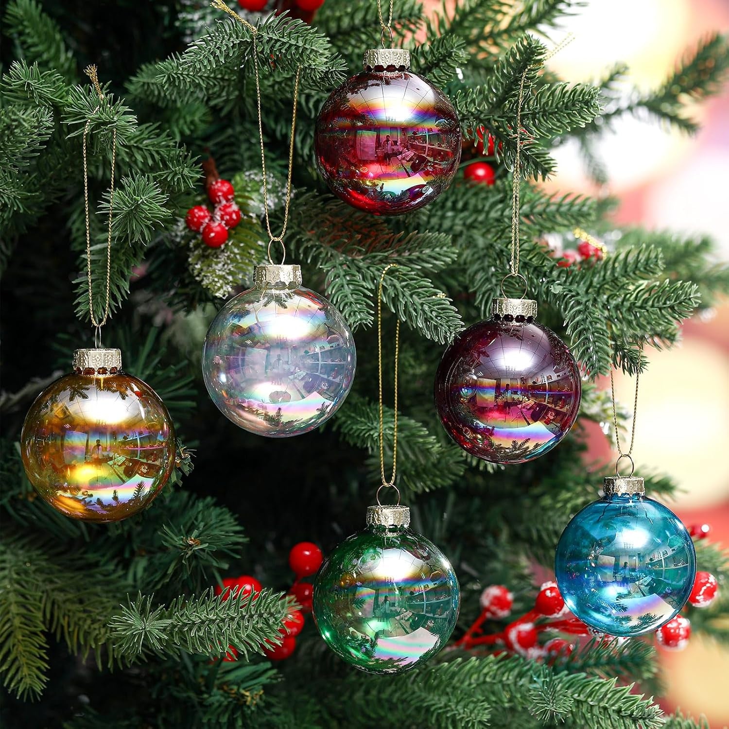12 Pcs Iridescent Glass Christmas Ornaments 2.36 Inch for Holiday Decor
