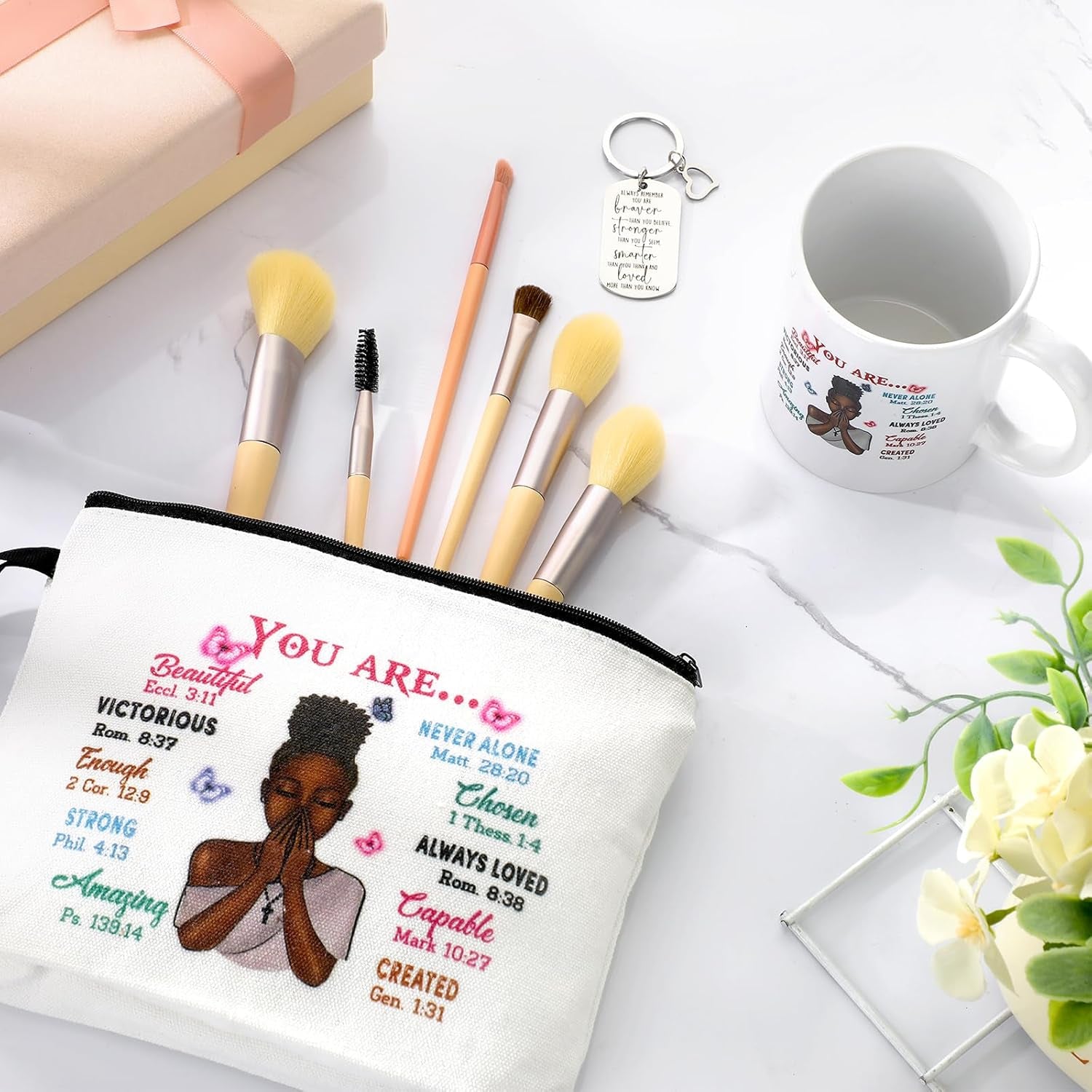 3 Pcs Christian Gifts for African American Women Bible Verse Makeup Bag Christian Pencil Pouch 11 Oz Religious Coffee Mug Inspirational Keychain Faith Based You Are Loved Gifts