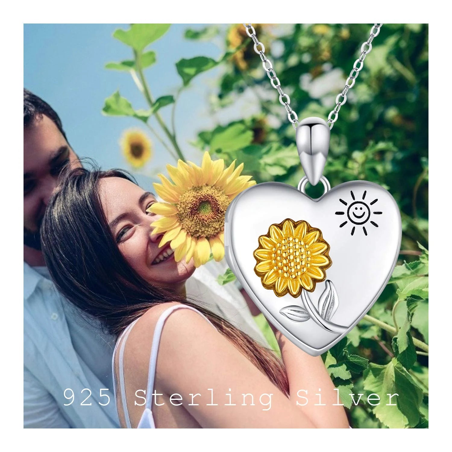 Sunflower Locket Necklace for Women 925 Sterling Silver Heart Locket Necklace That Holds Pictures You Are My Sunshine Necklace Sunflower Jewelry Gifts for Mother'S Day