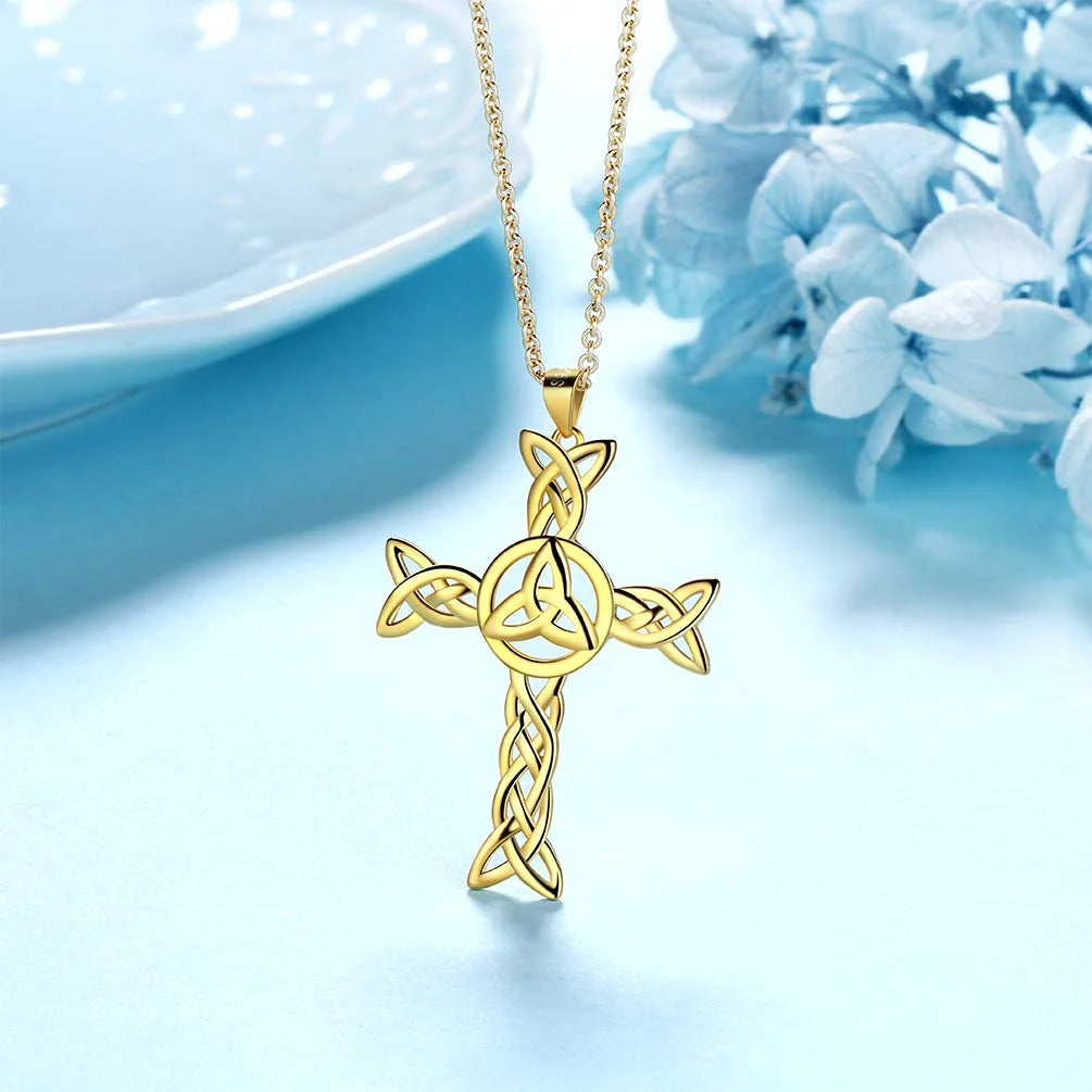 925 Sterling Silver 18K Gold Plated Celtic Cross Necklace for Women Men Trinity Triquetra Knot Pendant Necklace Irish Religious Jewelry Fathers Day Gift