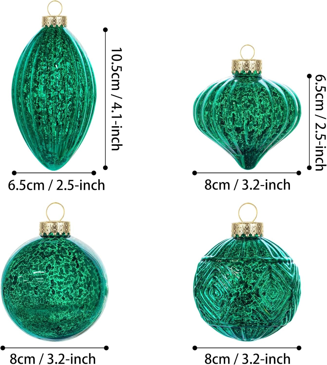 Set of 8 Green Mercury Glass Christmas Ornaments for Holiday Decor