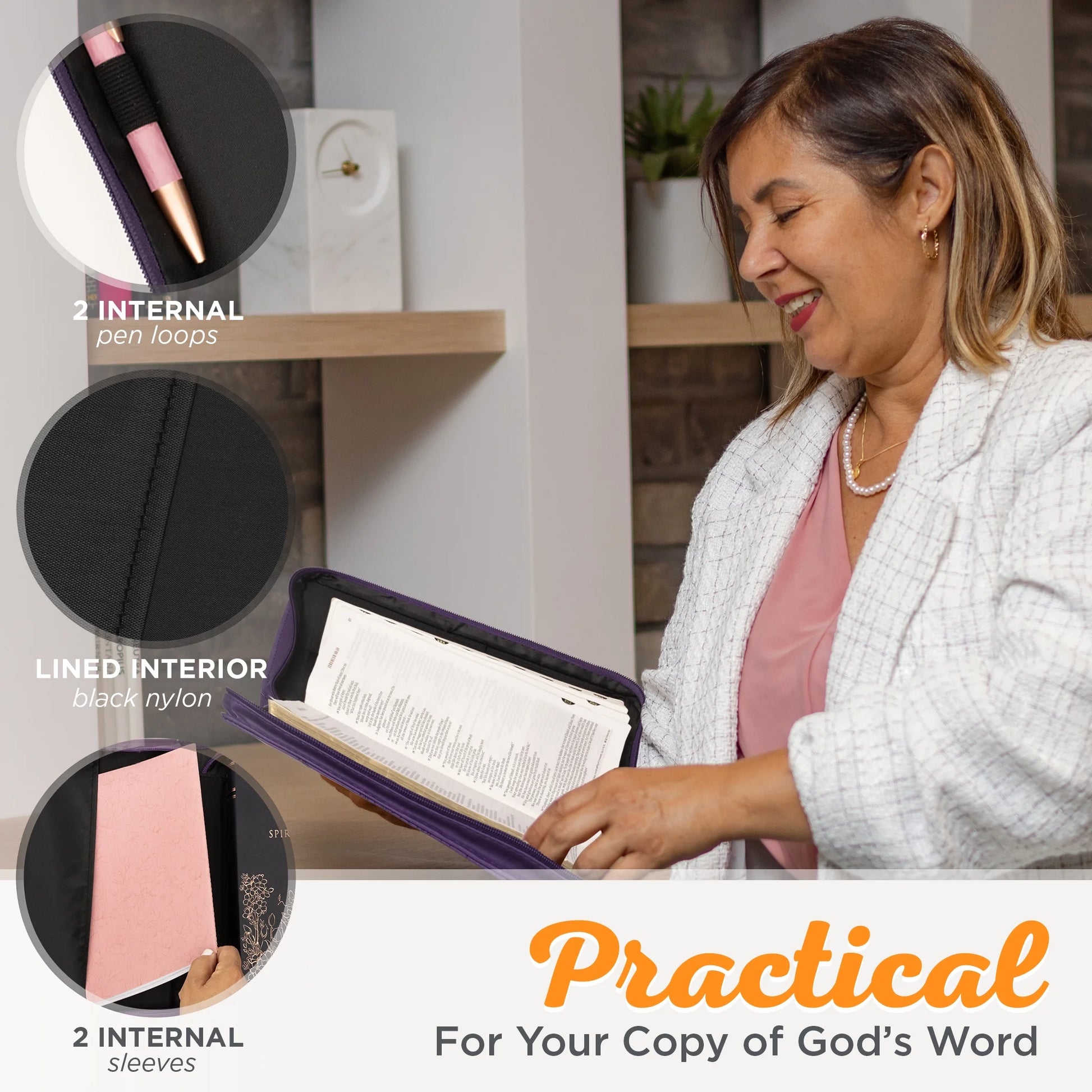 Purple Faux Leather Bible Cover for Women Faith Purple Paisley- Hebrews 11:1 Zippered Case for Bible or Book W/Handle, Large