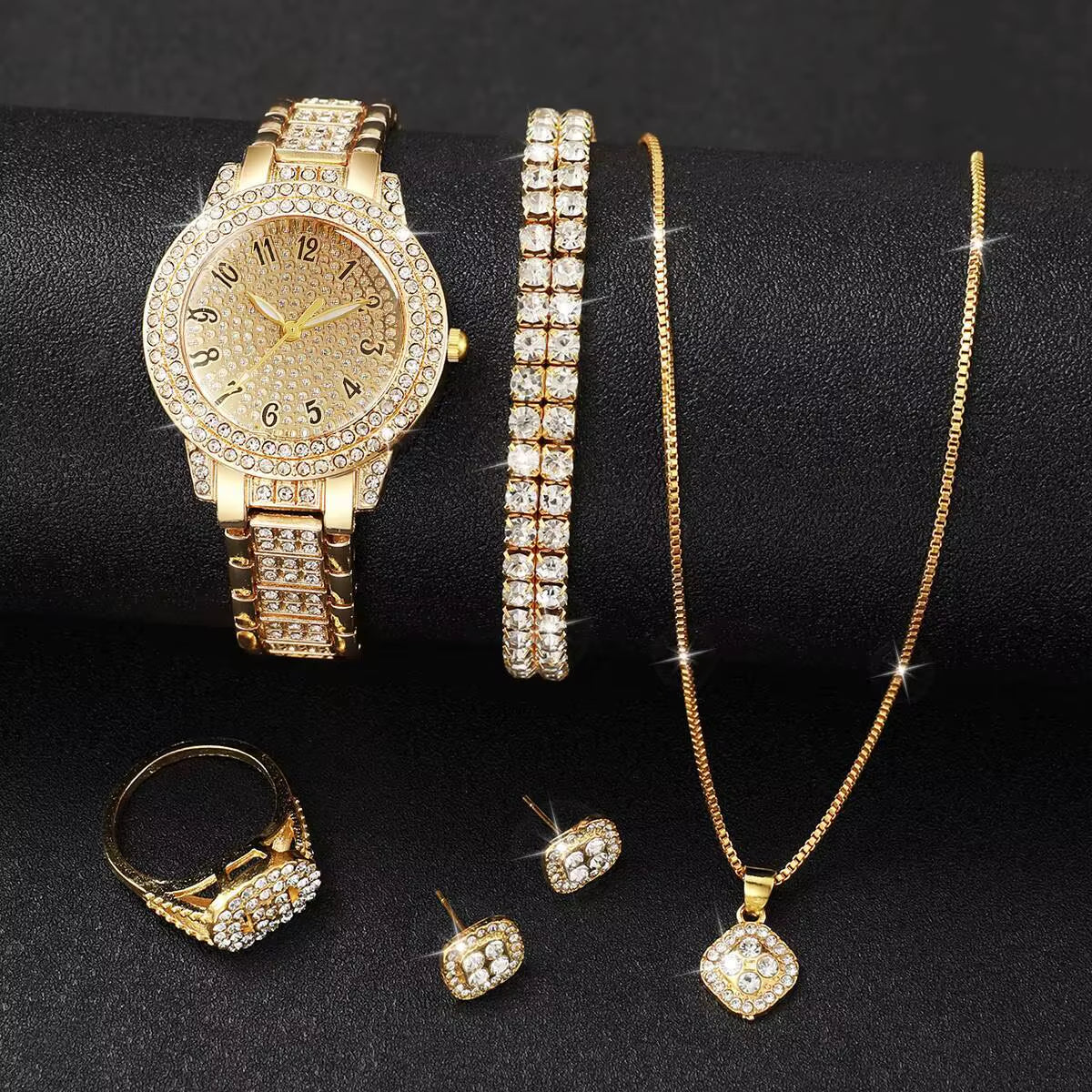 6Pcs/Set Luxury Full Diamond Women Watches Fashion Ladies Quartz Wristwatch Jewelry Set Reloj Mujer（Without Box）