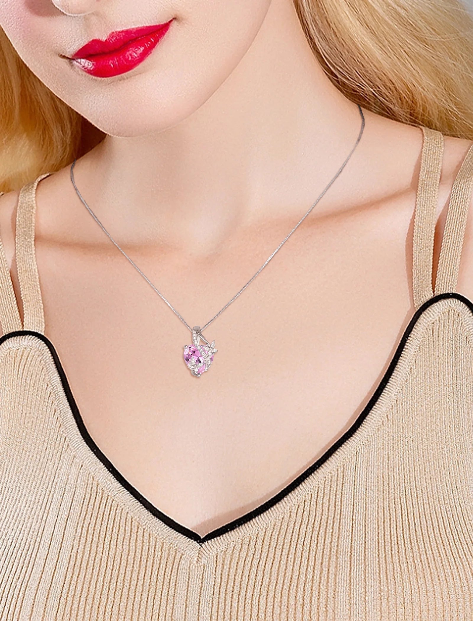 Infinite Heart Pendant Sterling Silver Butterfly Necklace for Women Jewelry Gift with Birthstone October Created Pink Tourmaline