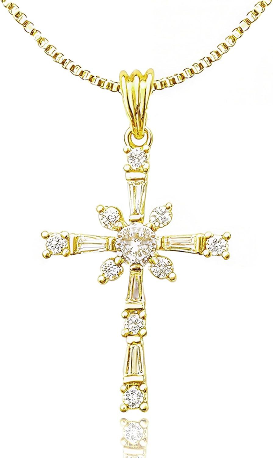 Cross Necklace for Women, 14K Gold Silver Plated Pendant Necklace, Diamond Cross
