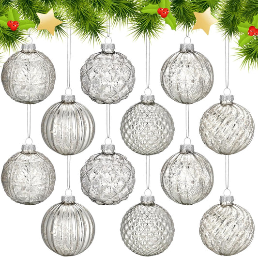 12 Pcs Vintage Silver Glass Christmas Ball Ornaments for Holiday Decor