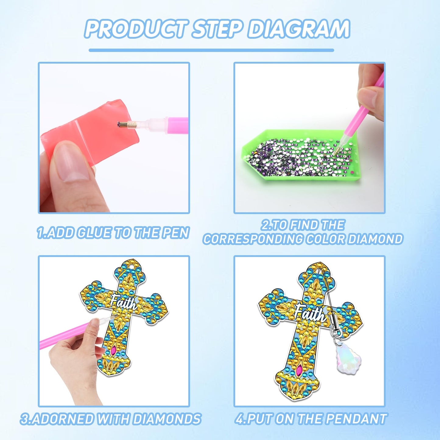 Cross Diamond Art Bookmark Kit: 8 Pcs Christian Bookmarks with Pendant