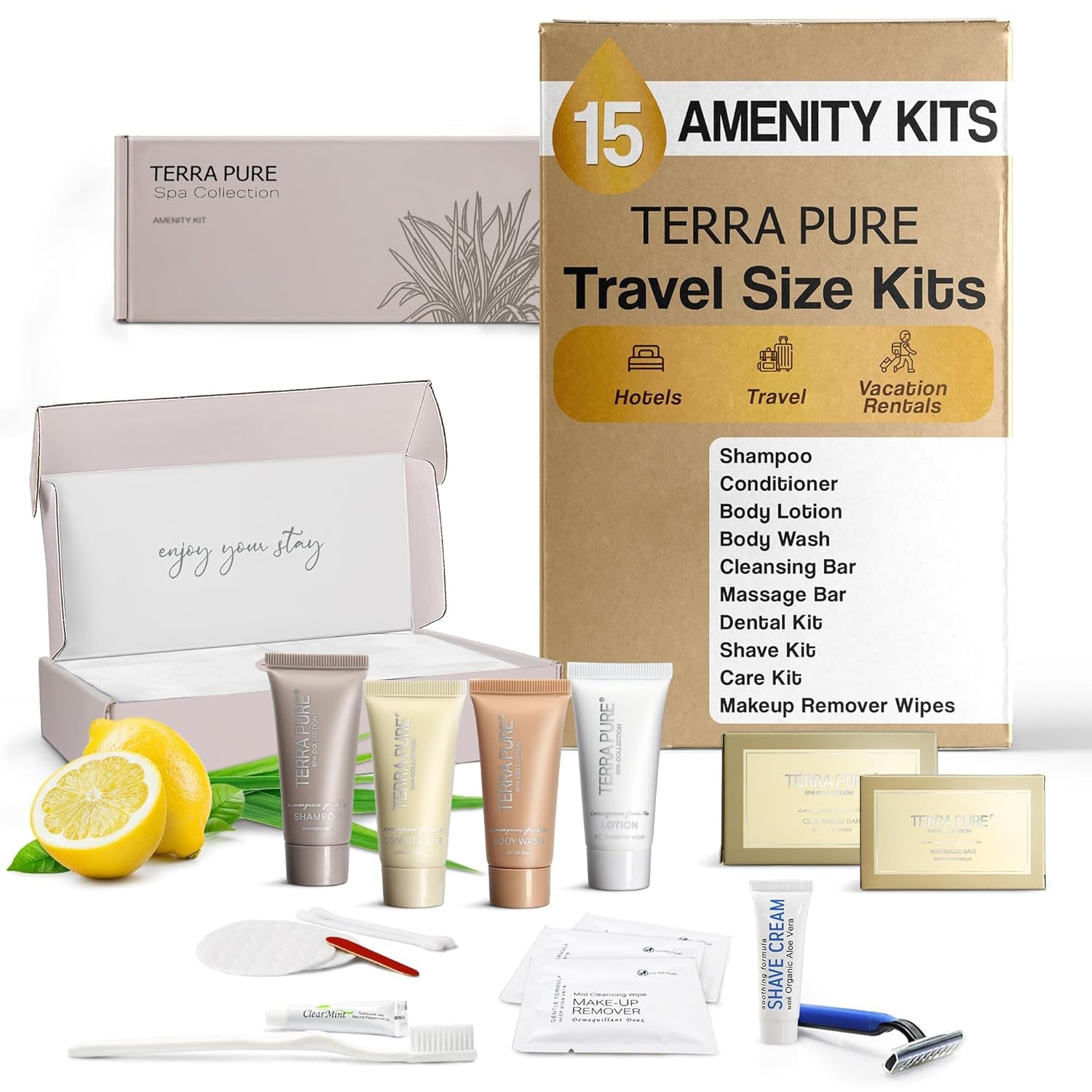 Spa Collection Amenity & Accessory Kit |0.85 Oz Travel Size Shampoo, Conditioner, Lotion, Body Wash, 2 Soap Bars, Shave & Dental Sets, Make-Up Remover Wipes, & Vanity Kit | 15 Sets/Case
