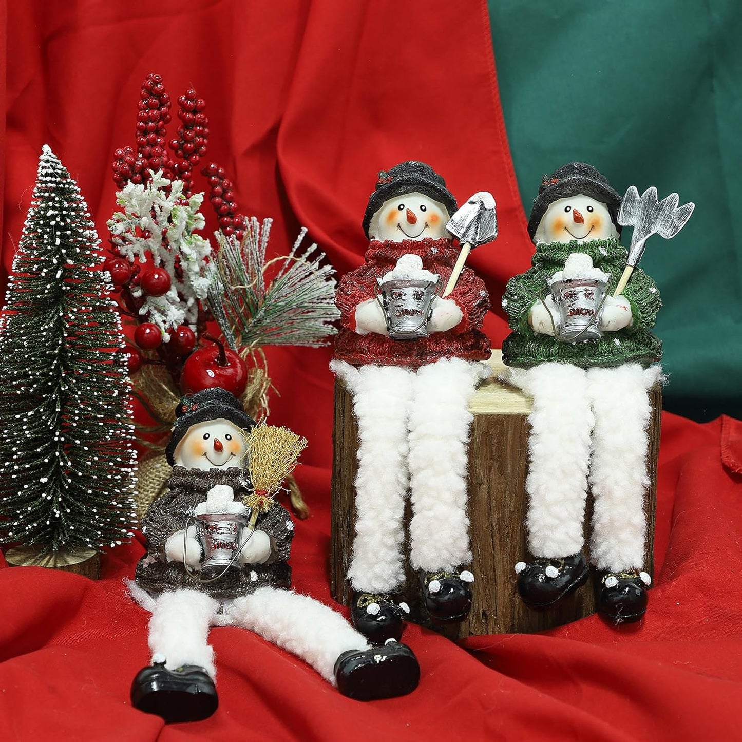 Resin Snowman Shelf Sitters with Plush Legs - 3 Pack Holiday Decor