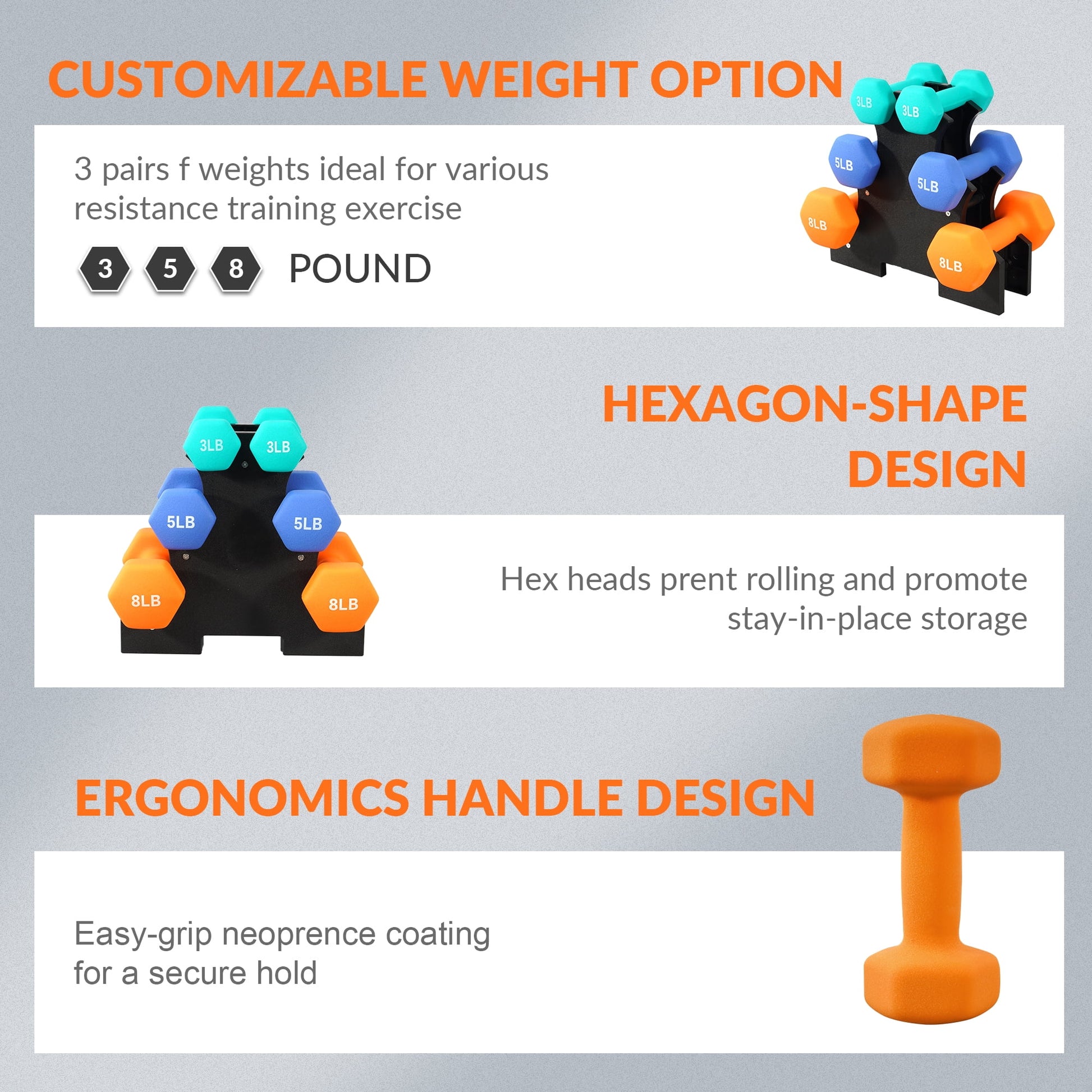 Dumbbell Set with Stand (3Lbs, 5Lbs, 8Lbs Set)