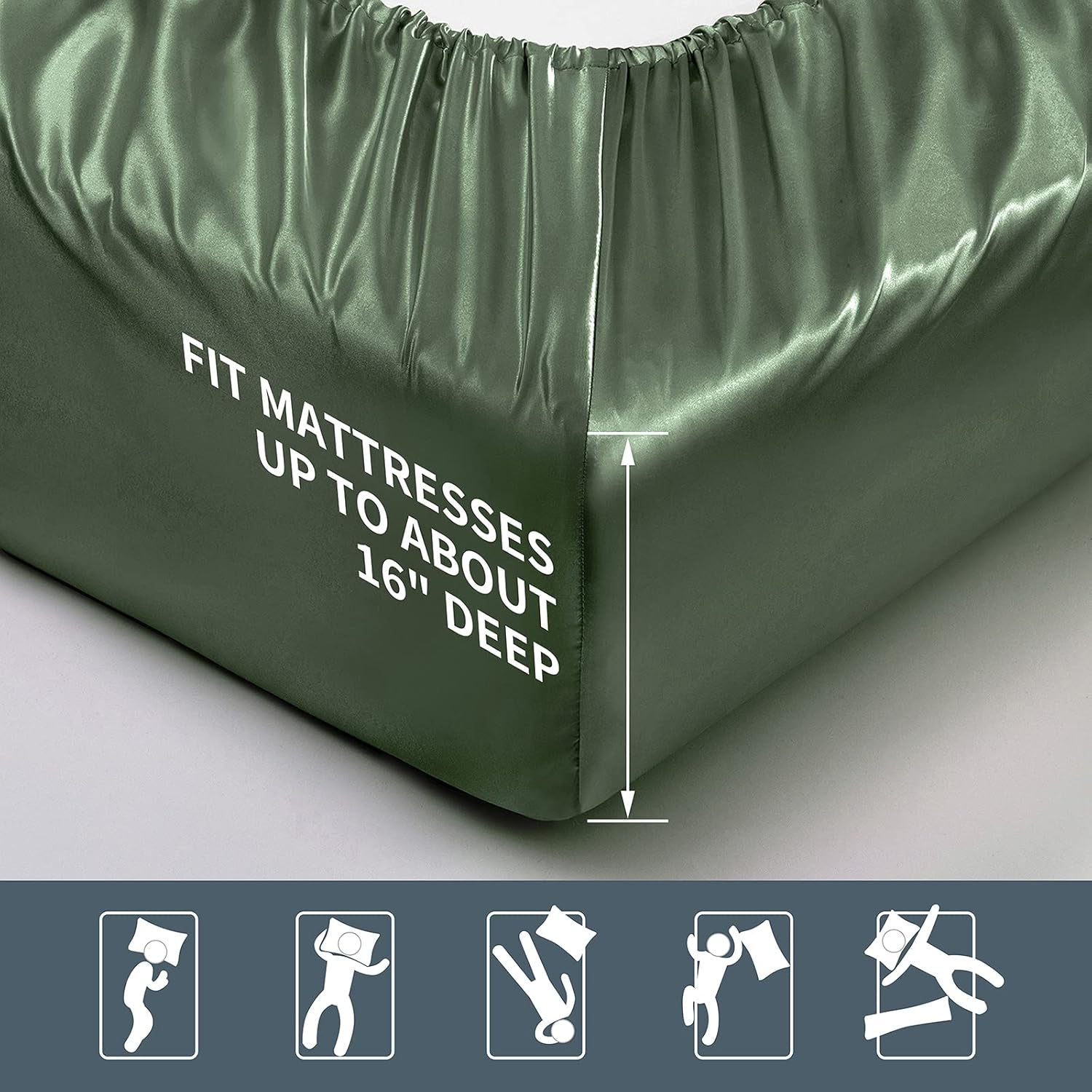 6 Pieces King Satin Sheets Luxury Silky Woodland Green Satin Bedding Sheet Set, 1 Deep Pocket Fitted Sheet + 1 Flat Sheet + 4 Pillow Cases