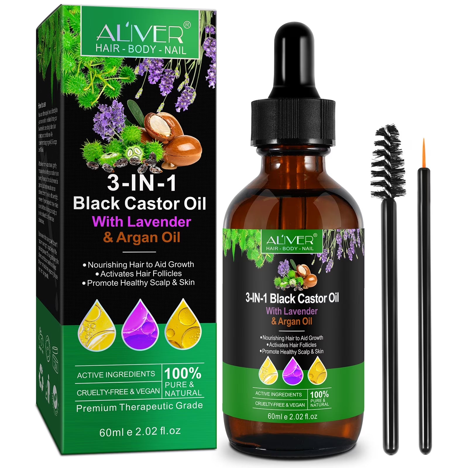 3-IN-1 Black Castor Oil with Lavender & Argan Oil, 100% Pure & Natural, Hair Care & Skin Care, Organic Cold-Pressed, Cruelty-Free & Vegan, 2.02 Fl Oz