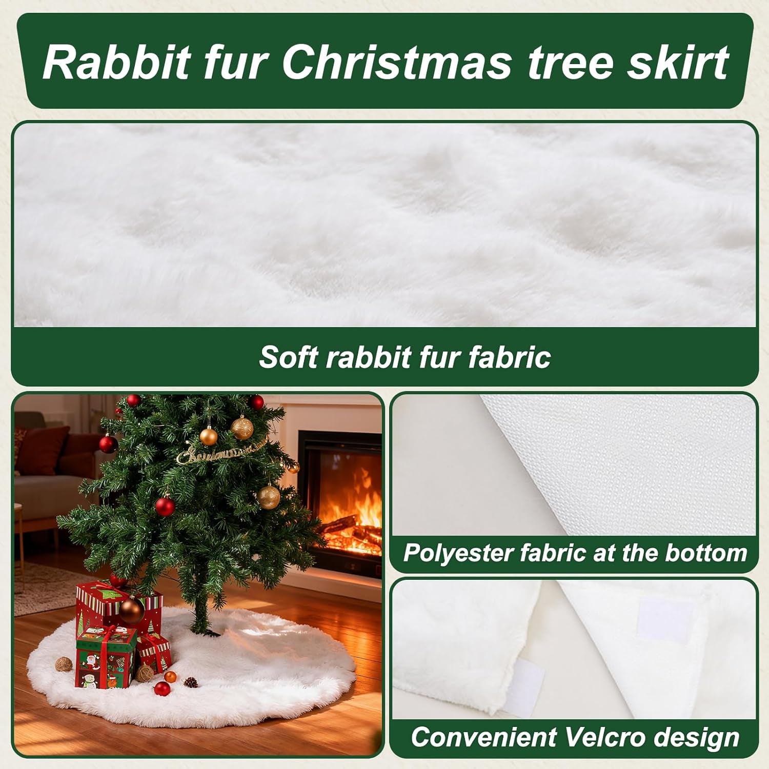35-Inch White Rabbit Fur Christmas Tree Skirt for Holiday Decor