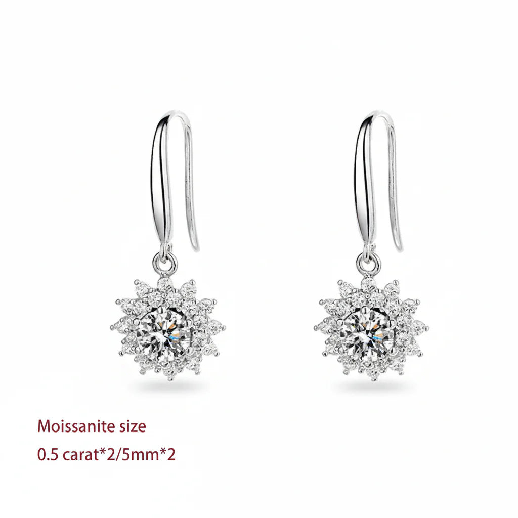 Sterling Silver White Gold Plated Moissanite Sunflower Dangle Earrings Wedding Jewelry S925