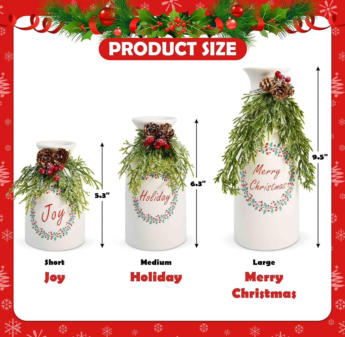 Set of 3 White Ceramic Christmas Vases with Artificial Holiday Decor