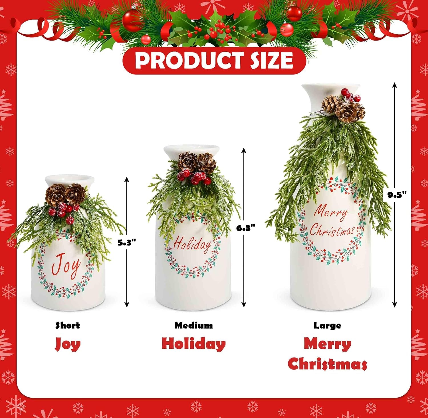 Set of 3 White Ceramic Christmas Vases with Artificial Holiday Decor
