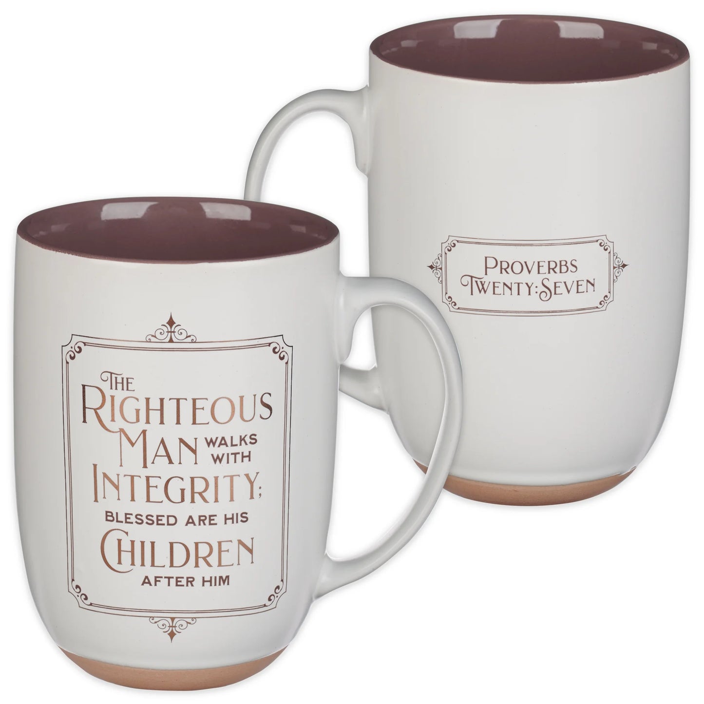 Large Ceramic Coffee & Tea Scripture Mug for Men: Righteous Man - Proverbs 20:7 Inspirational Bible Verse, Non-Toxic/Lead-Free Cup W/Clay Base & Gold Accents, White/Brown, 15 Oz.