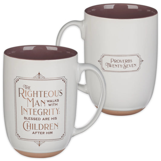 Large Ceramic Coffee & Tea Scripture Mug for Men: Righteous Man - Proverbs 20:7 Inspirational Bible Verse, Non-Toxic/Lead-Free Cup W/Clay Base & Gold Accents, White/Brown, 15 Oz.