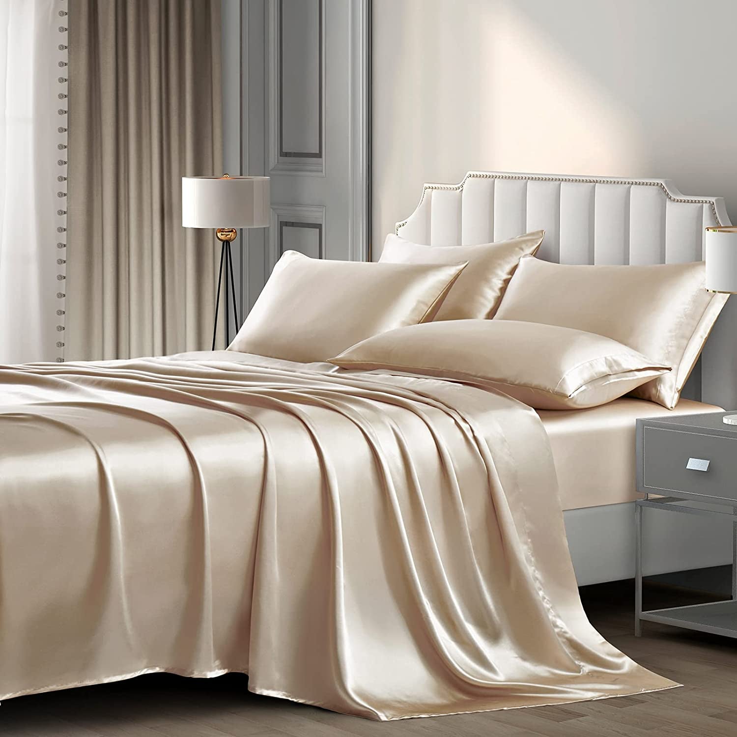 Satin Sheets Full (6 Pieces, Taupe) - Luxury Silky Satin Bed Sheets Full Bedding Set, Extra Soft Satin Sheet Set, 1 Satin Fitted Sheet + 1 Flat Sheet + 4 Pillow Cases
